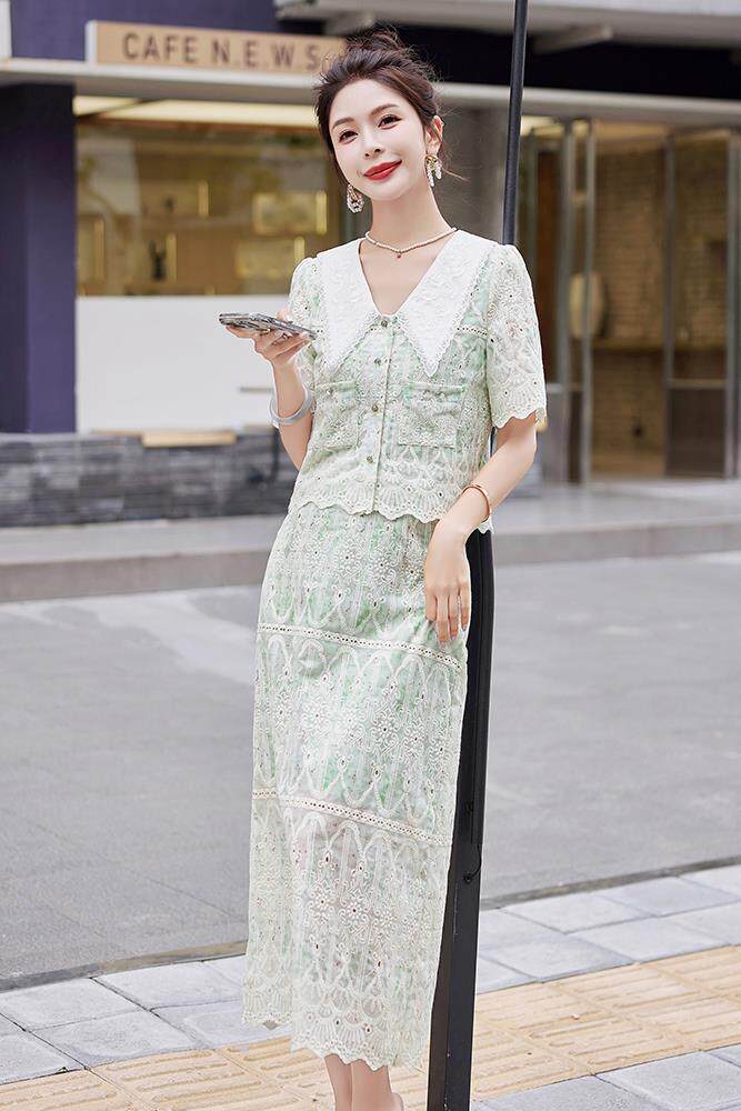 大码女装蕾丝刺绣短袖上衣显瘦a字半身裙夏季胖mm国风两件套,女装套装/套裙,依路服饰