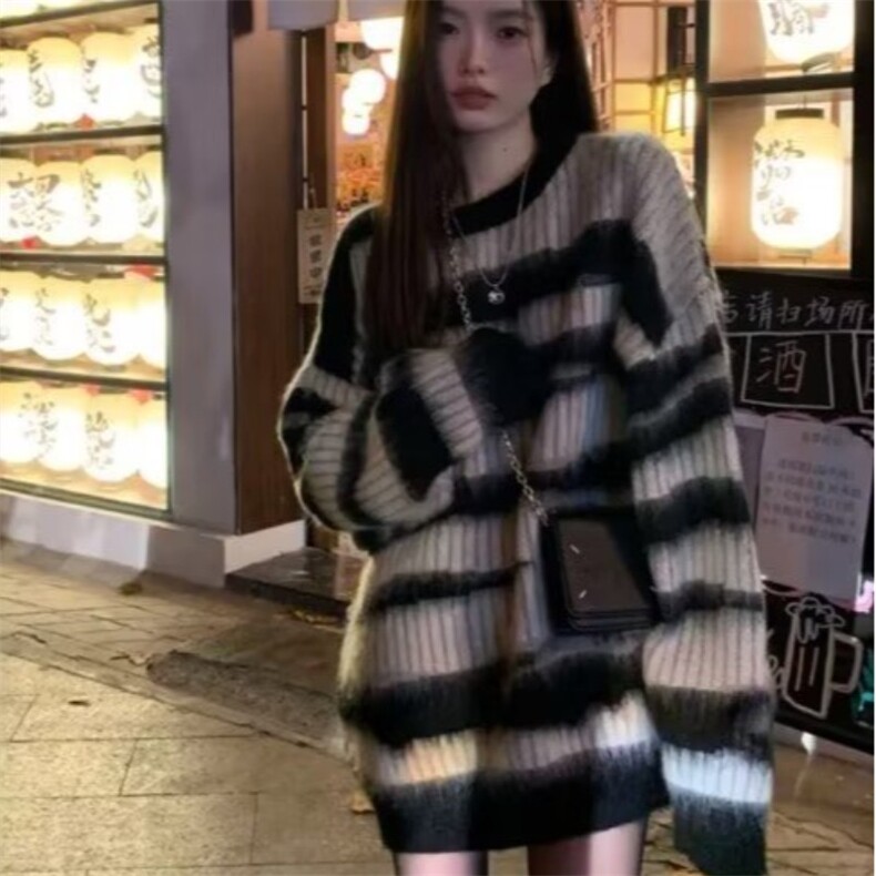高级感马海毛条纹套头毛衣秋冬女2025新款慵懒风复古宽松上衣外套,男装针织衫/毛衣,星座1210-1