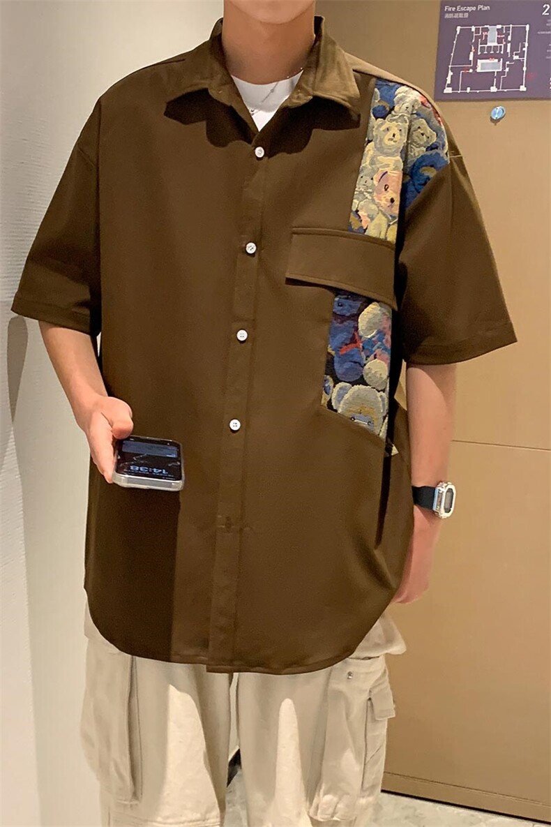 24年港风夏款工装小熊刺绣宽松短袖衬衫男CS105P45,男装衬衫,星座1204-3