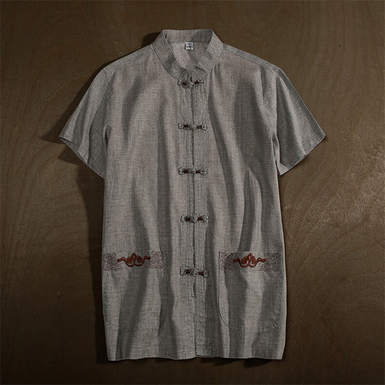 夏装唐装中式亚麻男士短袖衬衫加肥加大码休闲棉麻上衣1806款，男装民族服装，星座802
