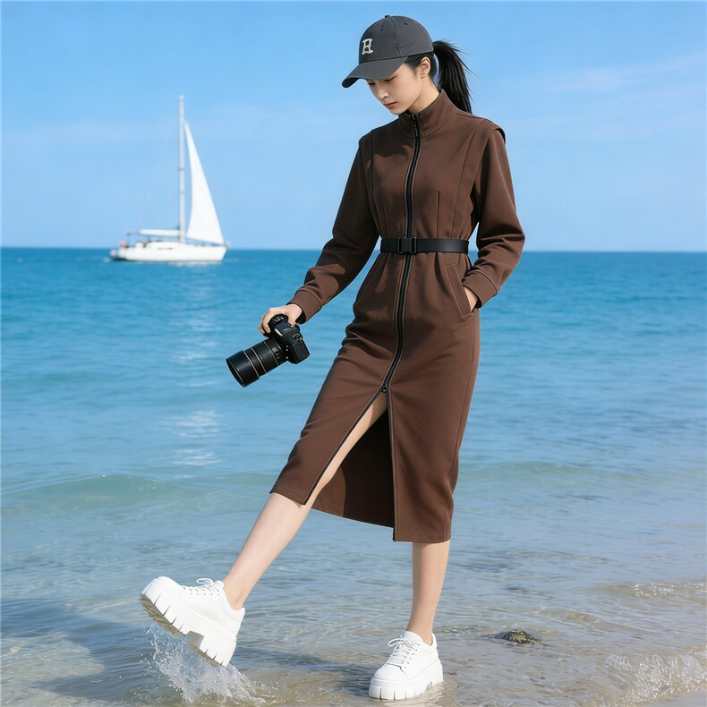 个性简约时尚连衣裙女春季新款时髦显瘦纯色拉链长袖中长款卫衣裙,女装套装/套裙,江南