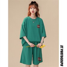 中性夏季时尚冰丝华夫格宽松运动风T恤情侣套装TZ851P50控68，女装运动套装，A247A