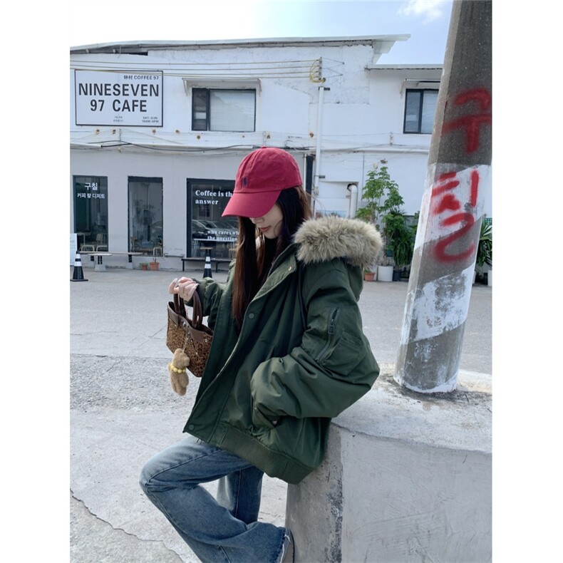kumikumi设计感毛领连帽棉服外套女秋冬保暖宽松中长款面包服棉衣,女装棉衣/棉服,星座1210-1