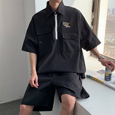 ins新款宽松运动潮流两件套Polo领短袖2021套装短裤W711-P45，男装衬衫，星座512-2
