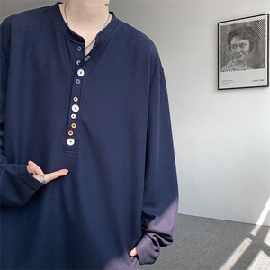 8XL-M 慵懒肌理感华夫格廓形云母贝纽扣长袖T恤打底长袖CX3006P48图片