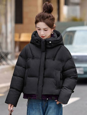 时尚撞色休闲连帽短款羽绒服女冬新款宽松加厚保暖白鸭绒外套，女装羽绒服，韩蔻秀