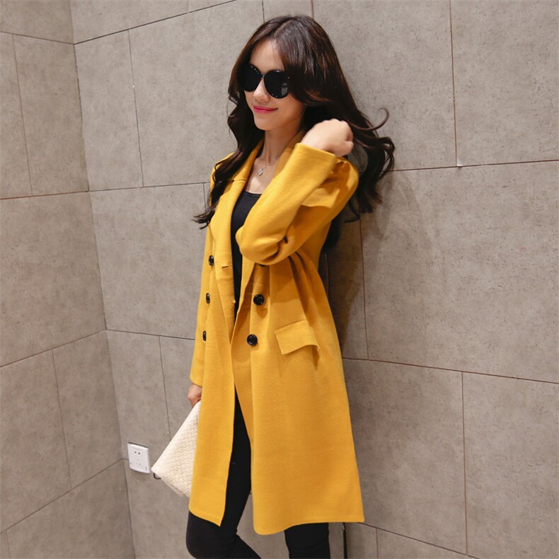 时尚显瘦黄色双排扣长款风衣外套女秋冬季新款气质百搭毛呢大衣，女装风衣，深水步