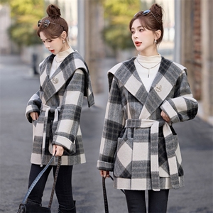 现货2025年春季新款双面羊格子毛呢双排扣纯手工制作羊毛外套,女装双面呢大衣,琦鑫阁（原依鑫阁）