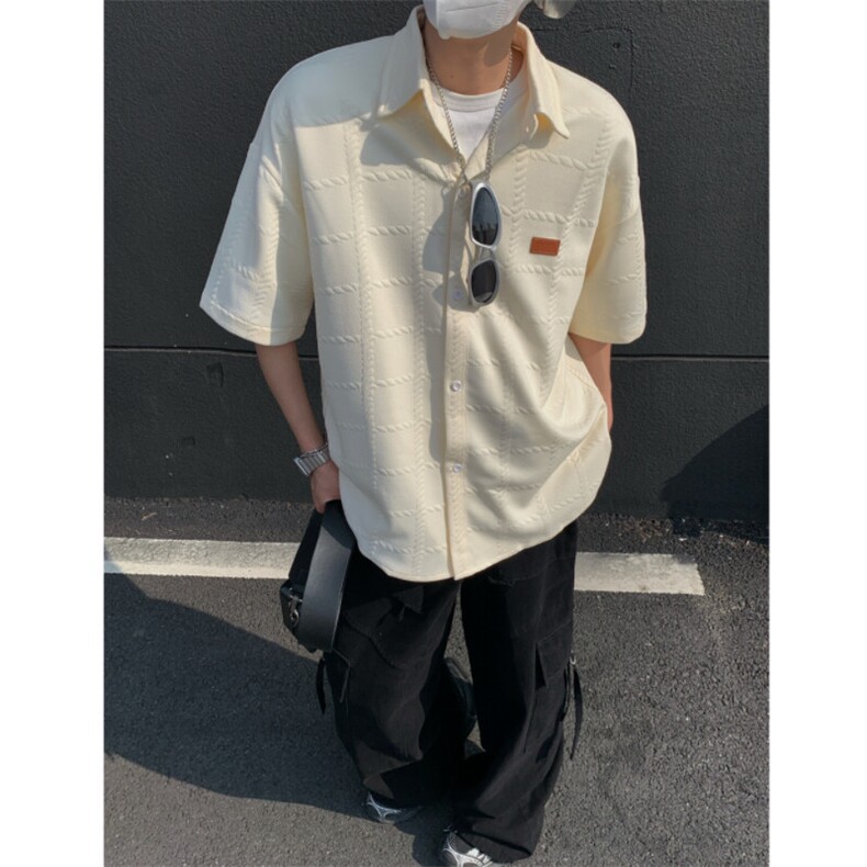 2026夏短袖格子衬衫大码男纹理提花衬衣薄外套CS580/特P35杏色3,男装衬衫,电商A094