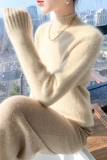 时尚女士羊毛衫不规则扭花设计纯色高领保暖毛衣，女装羊毛衫，暮绒羊羊绒