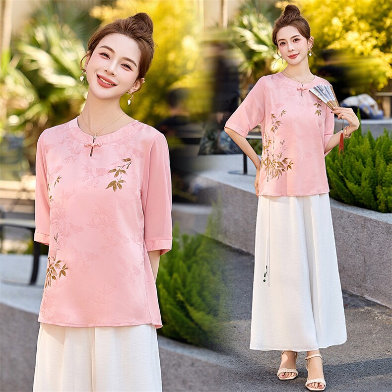 新中式国风时尚套装女士洋气2025新款夏季妈妈冰丝休闲短裤两件套，女装套装/套裙，多彩