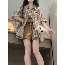 TC522-P45美式毛巾绣格子短袖衬衫夏季新款宽松休闲衬衣，女装衬衫，星座617A-2