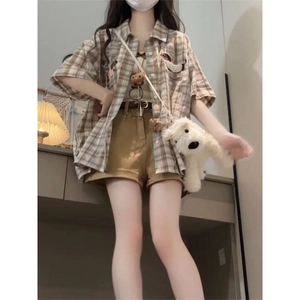 TC522-P45美式毛巾绣格子短袖衬衫夏季新款宽松休闲衬衣图片