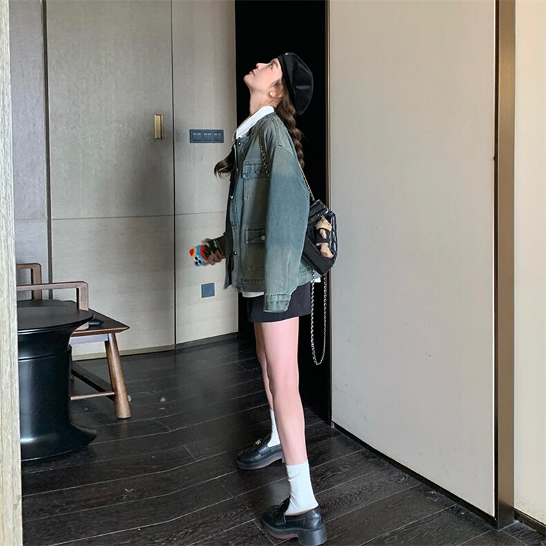 港风复古牛仔外套女2024春秋新款设计感宽松休闲工装圆领夹克上衣,女装牛仔外套,纯色衣恋