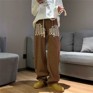 水洗做旧牛仔裤男女显瘦街头欧美抽绳阔腿宽松直筒长裤ZA38-P48图片