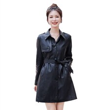 皮衣外套女春秋2023新款时尚潮流收腰气质修身显瘦长款皮衣风衣潮，女装皮衣，缘衣格