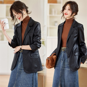 海宁真皮皮衣女士单排两粒扣2025春装新款韩版绵羊皮修身西装外套，女装皮衣，缘衣格