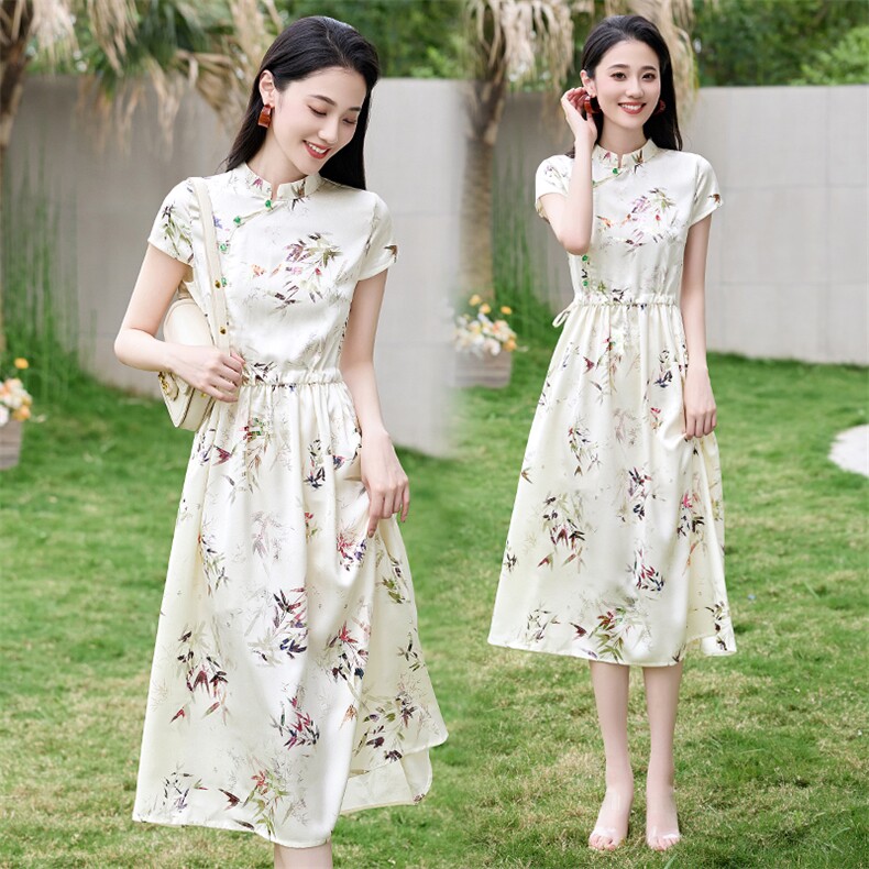 碎花复古旗袍裙子女2025年夏季新款气质修身显瘦高级感时尚连衣裙,女装连衣裙,琦鑫阁（原依鑫阁）