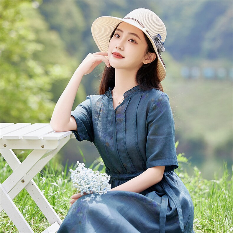 2026年夏季大摆型优雅气质短袖苎麻街拍聚会,女装连衣裙,江南依恋