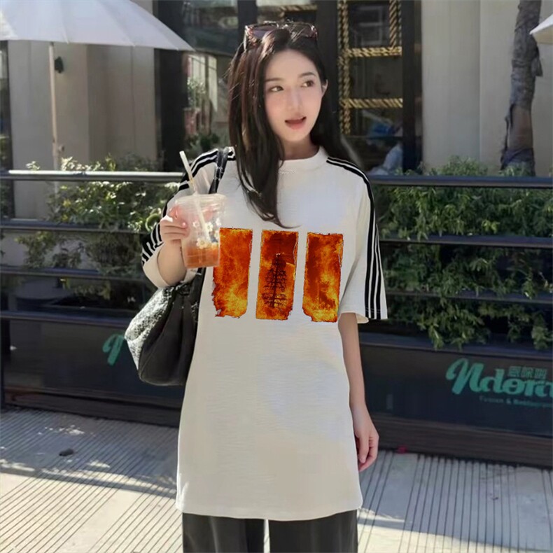 抖音得物品质二开240克宽松纯棉美式潮牌印花三条杠中性风短袖T恤,男装T恤,电商A486