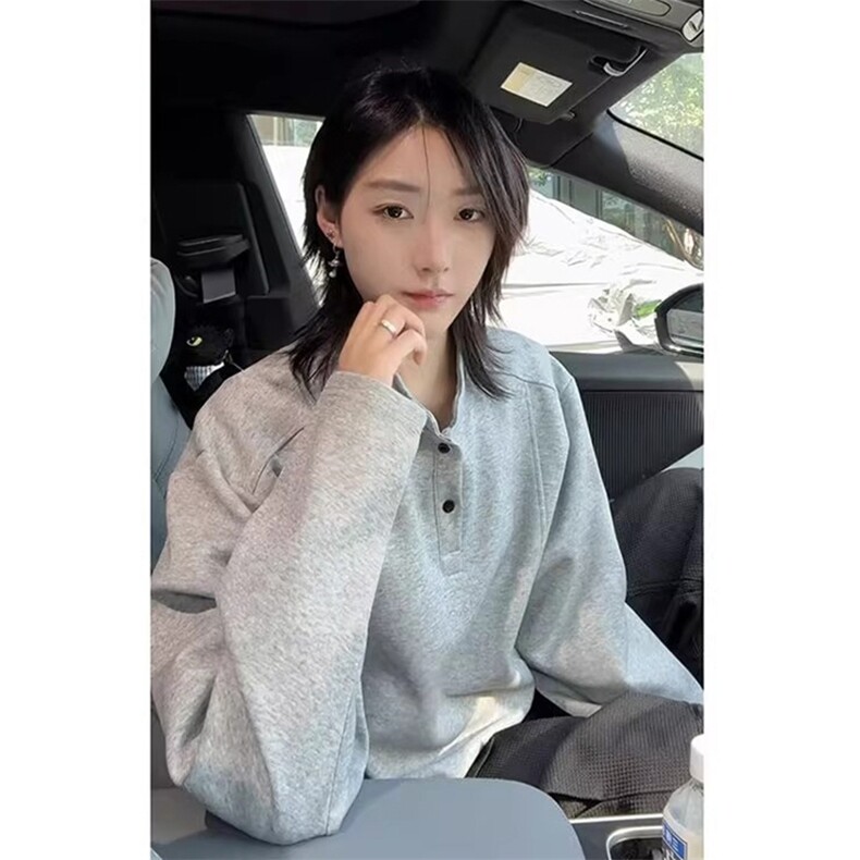 抖音得物品质美式高街重磅曼巴棉拼接cleanfit亨利领卫衣长袖T恤,男装T恤,电商A486