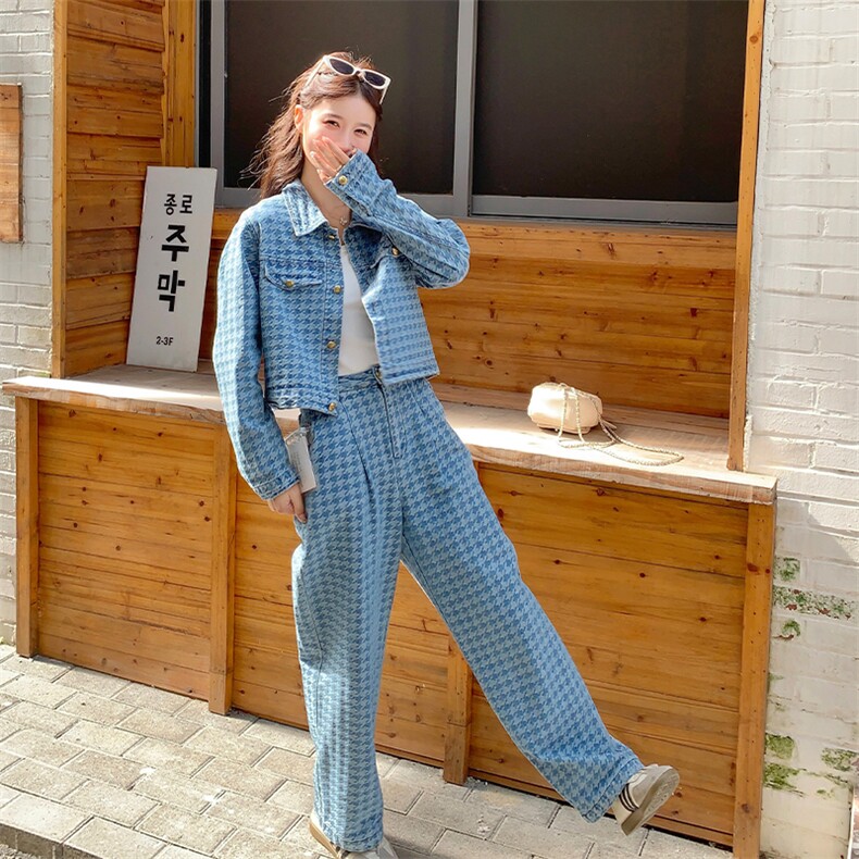 时尚小香风2026千鸟格牛仔套装女两件套A9027P175K248,女装套装/套裙,2C268