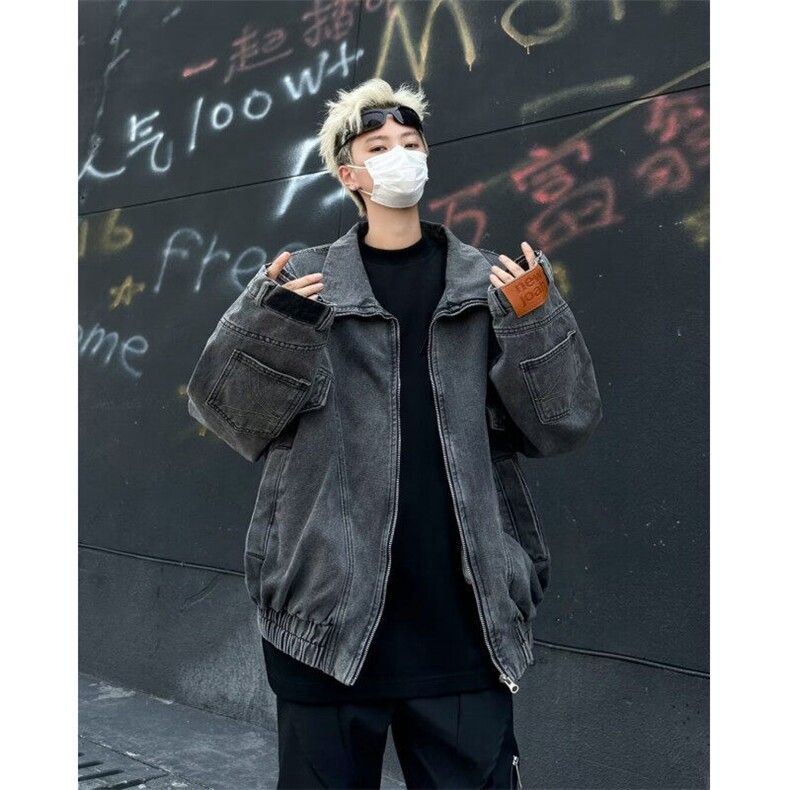 DN8634-P80春秋季牛仔外套男做旧水洗潮牌高街宽松美式复古夹克图片