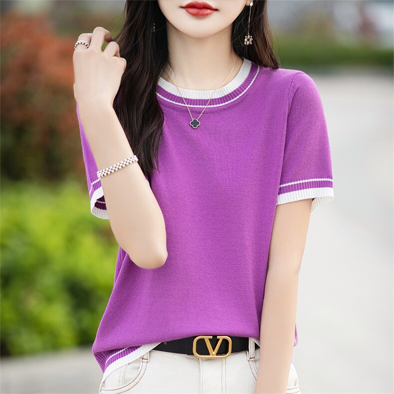 丝光棉针织短袖T恤衫女2025夏薄正肩别致撞色洋气针织t恤上,女装T恤,思牵羊绒
