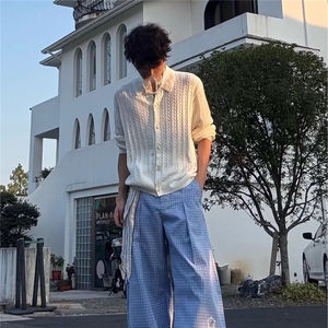 先生简约宽松韩版纯色翻领针织衫条纹半拉链慵懒风男毛衣polo衫图片