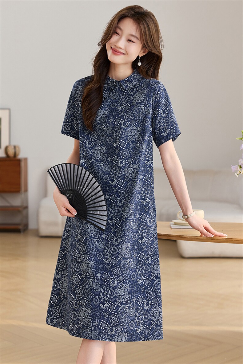 复古印花纯棉连衣裙女2025夏季新款宽松遮肚显瘦新中式a字碎花裙,女装连衣裙,韩派