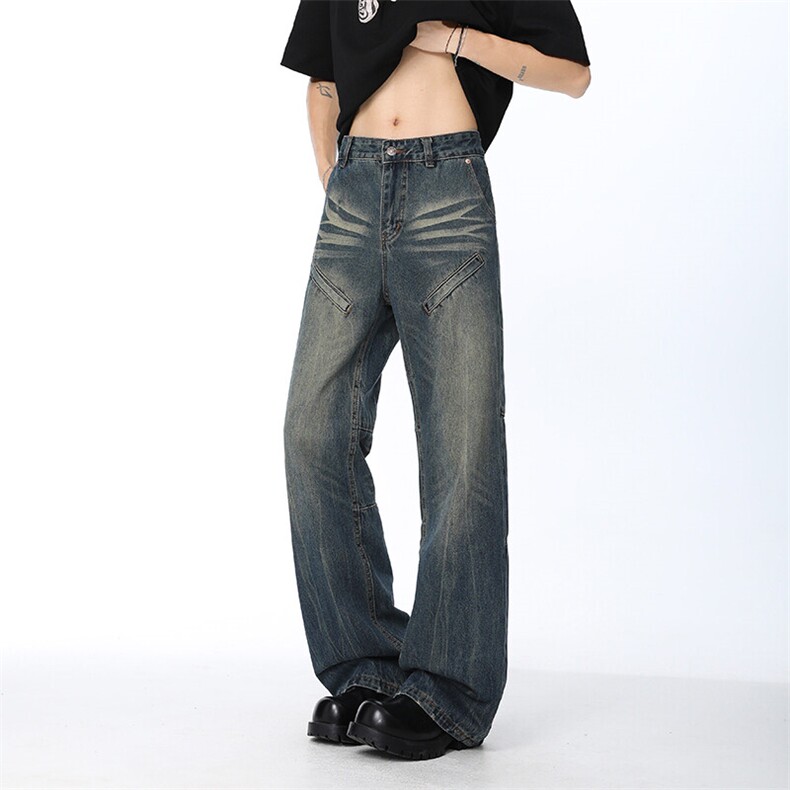 B221美式ins高街暗黑拼接修身微喇牛仔裤LK25566-特P45控78，男装牛仔裤，电商B221