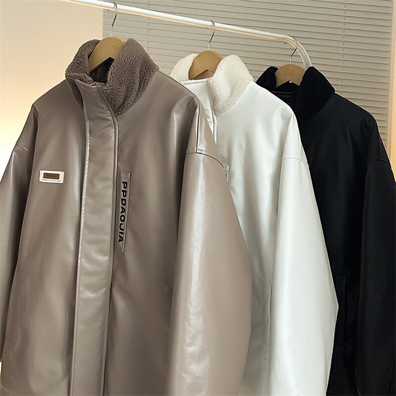 特P100无差价美拉德风潮PU皮立领棉服男质感加棉保暖皮衣外套M91,男装棉衣,电商A001-1