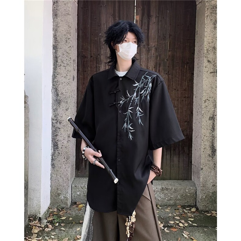 新中式风竹子刺绣短袖衬衫男夏季休闲唐装外套痞帅高级感衬衣服,男装衬衫,星座1013
