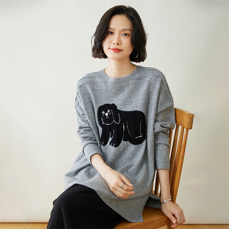 时尚可爱小狗图案女士35%羊绒衫宽松显瘦百搭毛衣,女装羊绒衫,迎冬羊绒