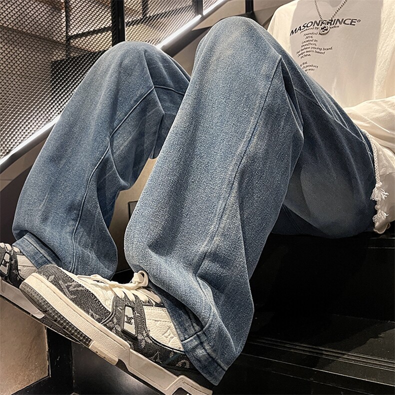 特批P38无差价夏秋衔接水洗阔腿牛仔裤男设计感潮拖地长裤N9087B,男装牛仔裤,电商A001-1
