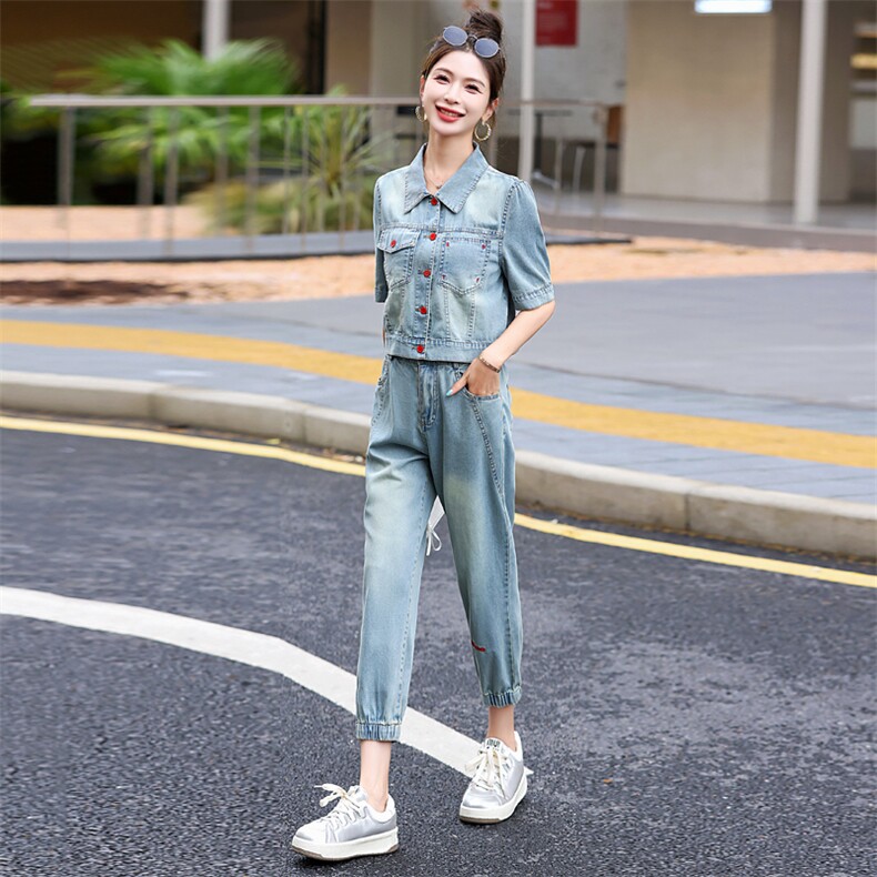 港风复古休闲牛仔套装女2025夏季新款气质减龄洋气时尚修身两件套,女装套装/套裙,意芙