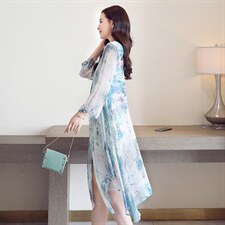 防晒衣女2021新款气质v领薄款雪纺衬衫复古印花中长款空调衫，女装蕾丝衫/雪纺衫，秀美人生