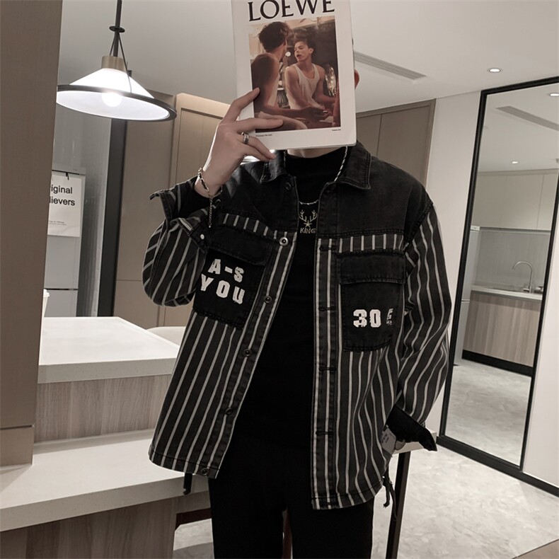 新款牛仔外套男士秋季新款韩版宽松潮牌条纹上衣秋季学生外套，男装工装外套，电商A327