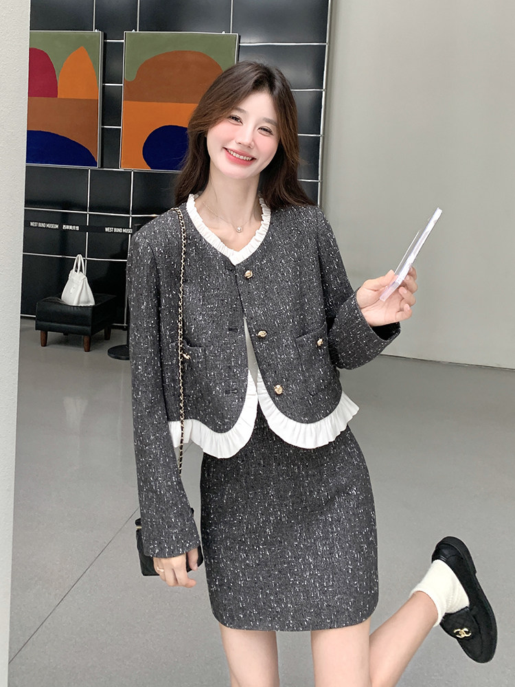 灰色甜美拼接小香风上衣套装裙女2025新款春季法式半身短裙两件套,女装套装/套裙,帛锦泉