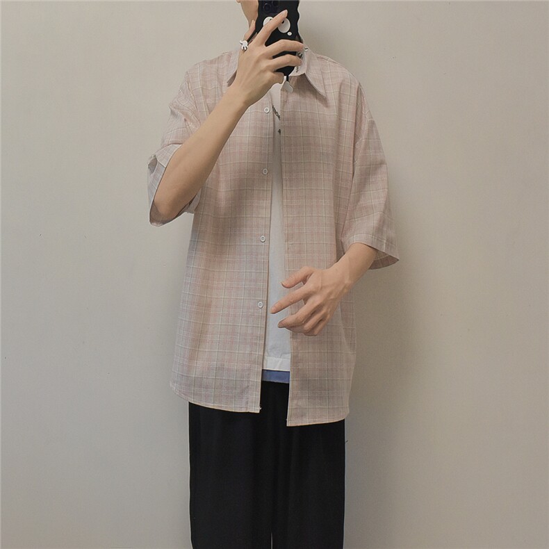 现货港风格子衬衫男五分袖衬衣KD579-P45,男装T恤,电商D312-1