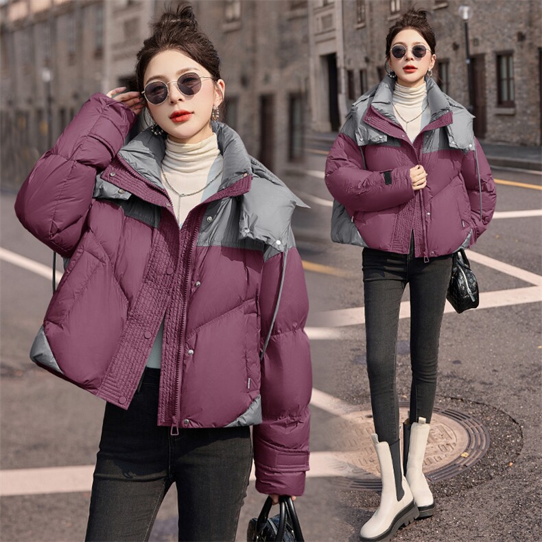 时尚撞色短款羽绒服女2024冬季新款加厚连帽保暖白鸭绒面包服外套,女装羽绒服,艾仟回(原伊仟回)