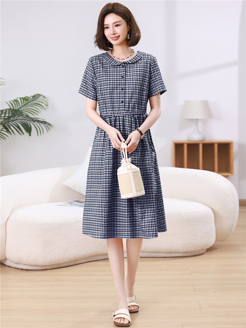 2026新款韩版格子宽松大码遮肉格子中长款棉麻连衣裙夏季薄款,女装连衣裙,江忆布依