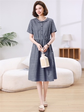 2026新款韩版格子宽松大码遮肉格子中长款棉麻连衣裙夏季薄款，女装连衣裙，江忆布依