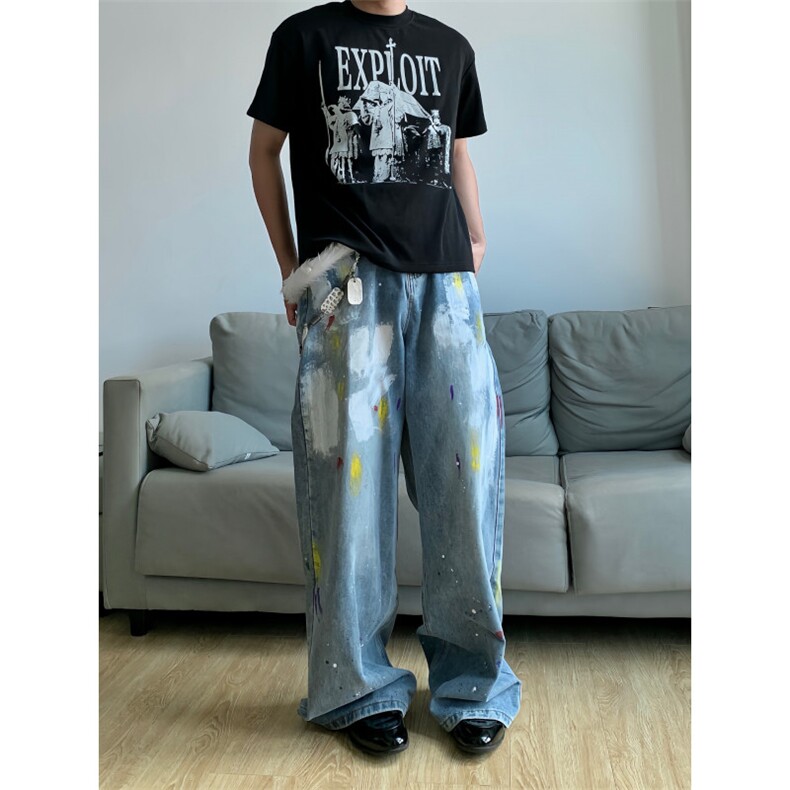 【有货】美式复古涂鸦扎染牛仔裤男女同款宽松裤子NZ803LL-特P55,男装牛仔裤,星座1007（原301D）