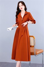 新款长袖风衣式连衣裙女春秋新款收腰显瘦复古气质风衣裙送腰带，女装连衣裙，韩美纤衣