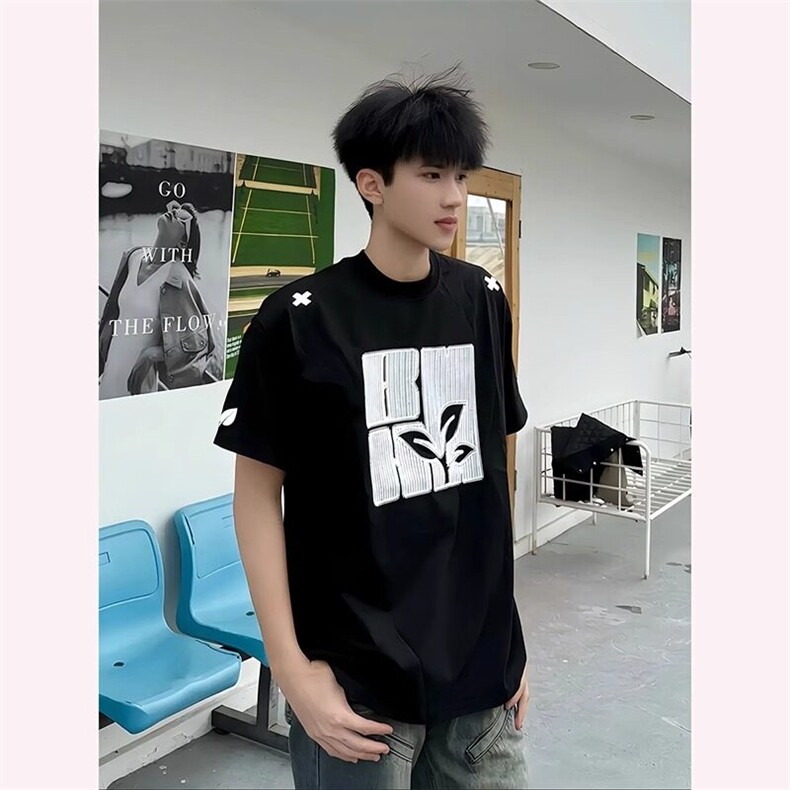 B0599-P35贴布刺绣高品质短袖T恤运动宽松情侣百搭半袖图片