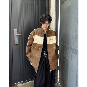JK8547-P73 撞色拼接皮衣外套男春秋季vintage美式夹克高级感图片