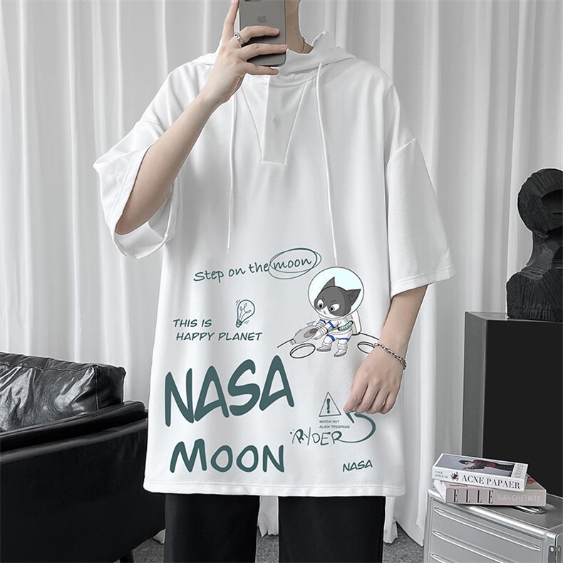 LD54187-P45 NASA联名同款连帽短袖t恤男大码胖子带帽五分袖中袖图片