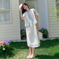 米白色提花刺绣连衣裙马甲两件套女夏巨好看高级感新中式国风套装，女装套装/套裙，2D078