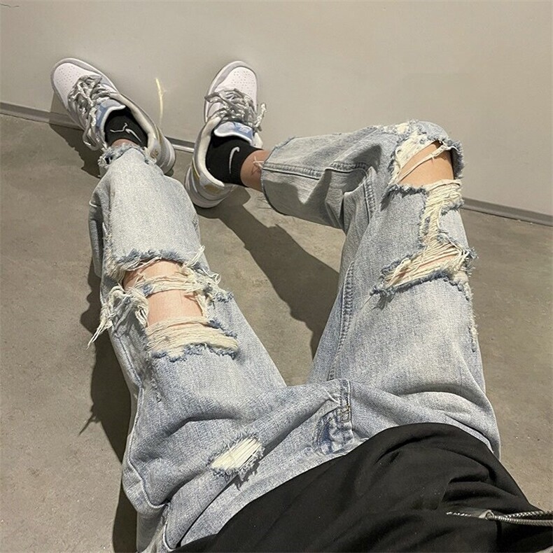 破洞裤子男装做旧潮牌高街直筒九分美式街头夏季hiphop牛仔裤薄款,男装牛仔裤,星座506A